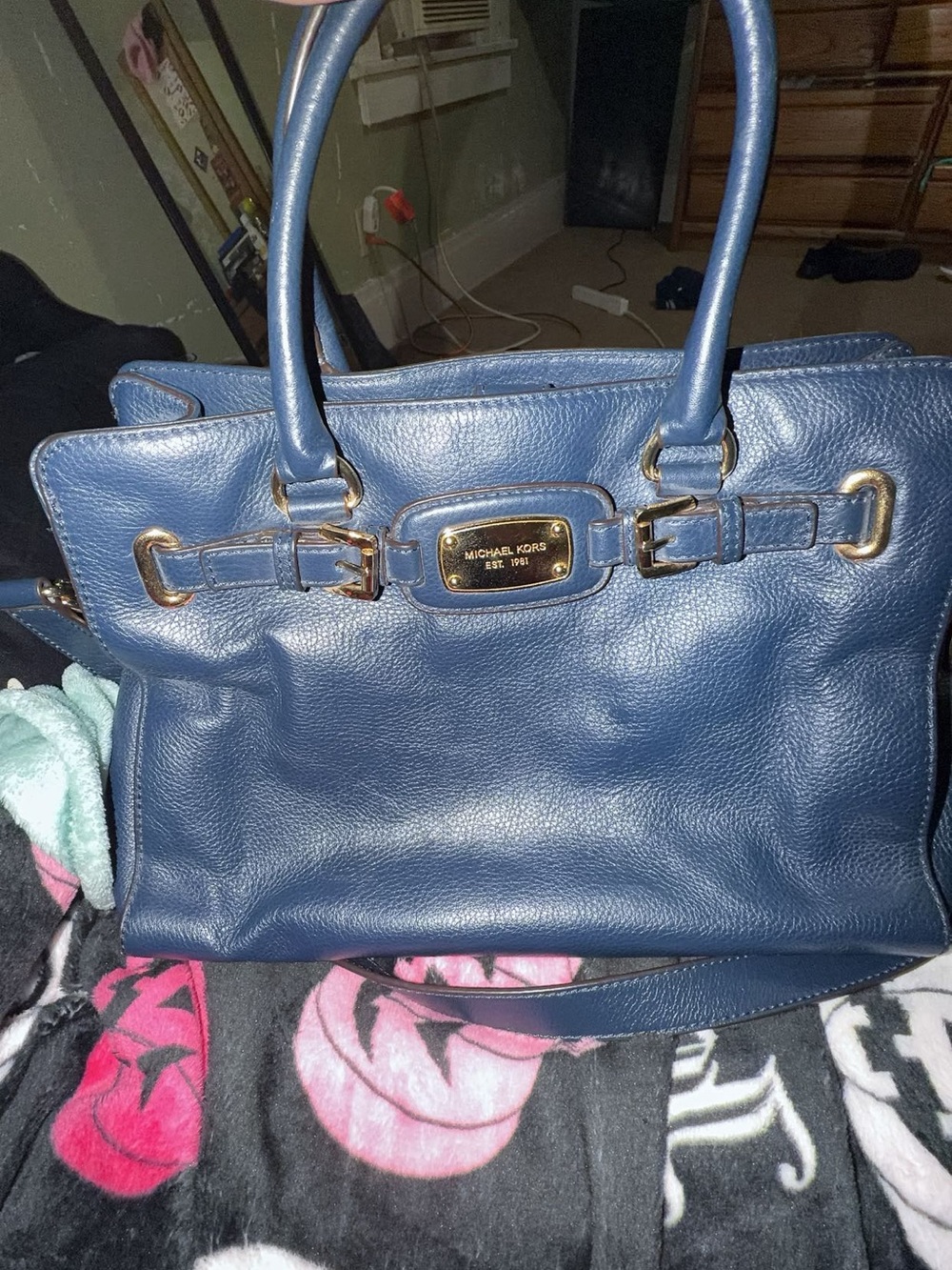 Michael Kors Navy Blue Pebbled Leather Satchel with Gold Hardware